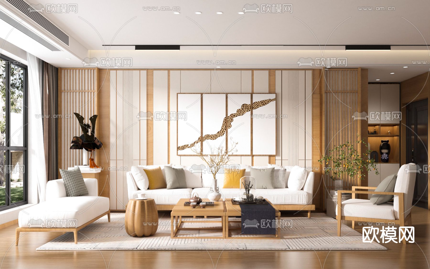 日式轻奢客厅3d模型下载（渲染图1）