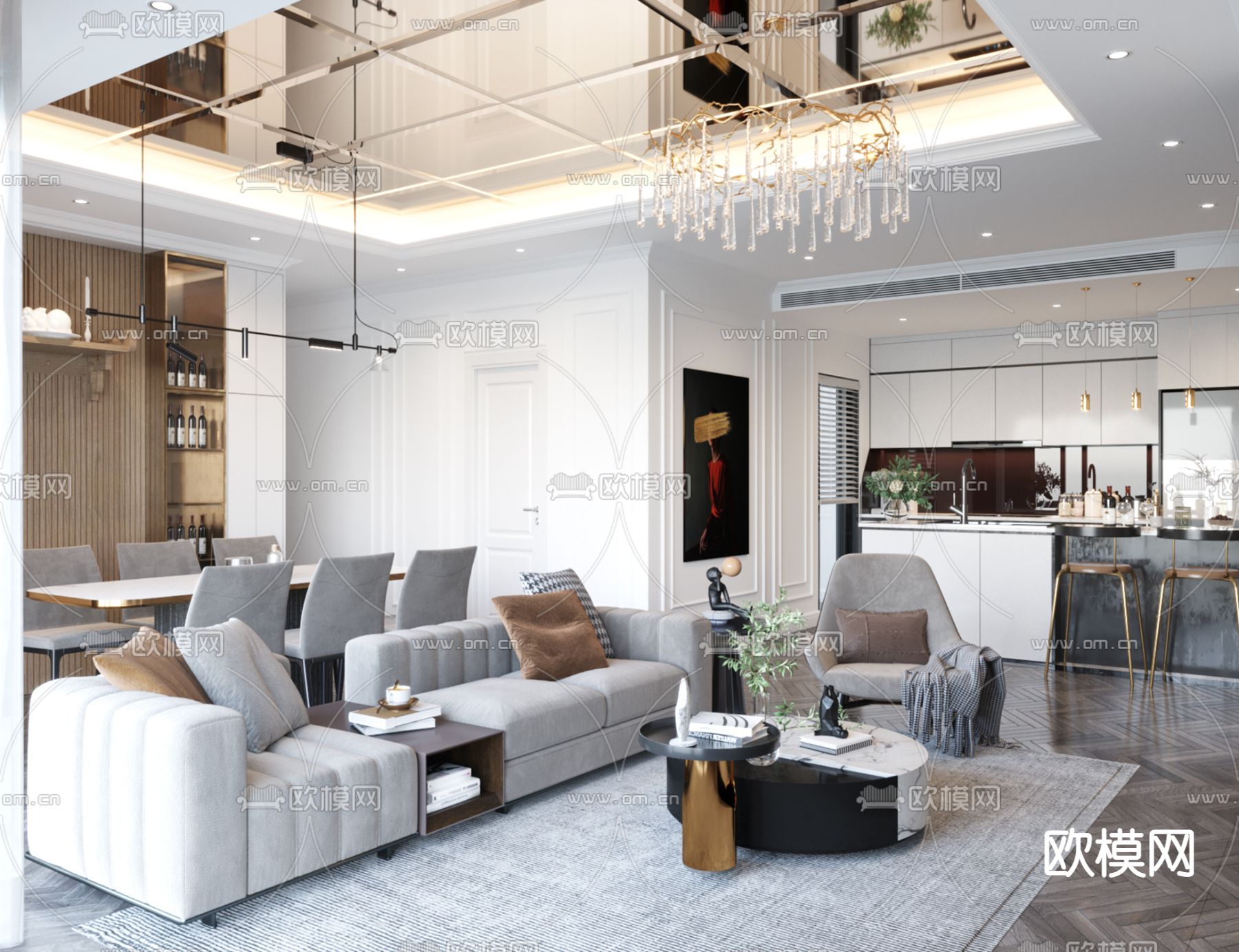现代轻奢客厅餐厅3d模型下载（渲染图4）
