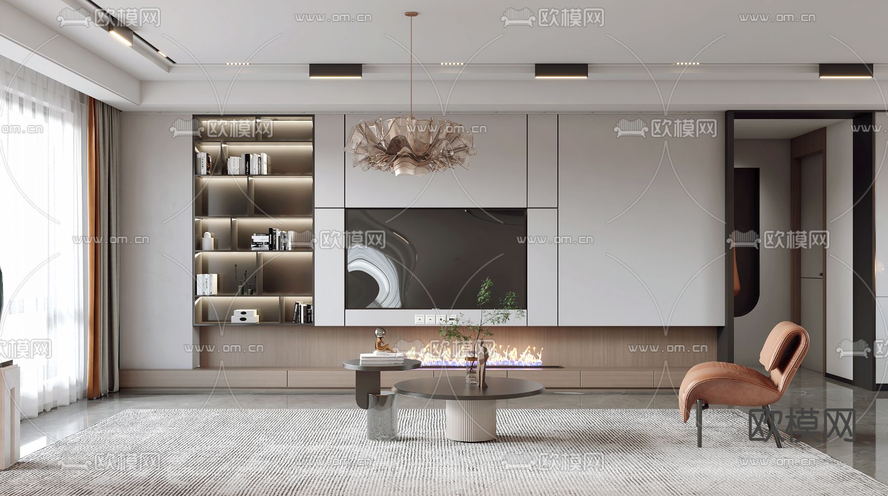 现代轻奢客厅餐厅3d模型下载（渲染图3）
