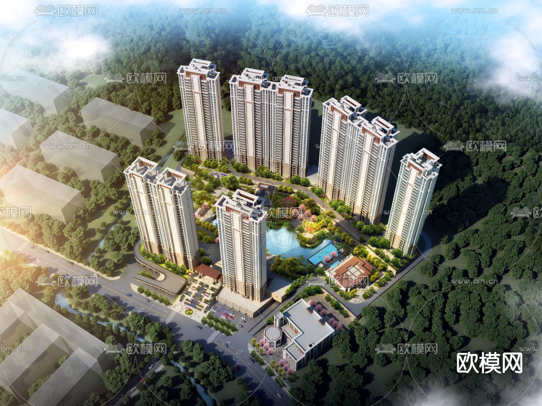 新古典高层住宅鸟瞰3d模型下载