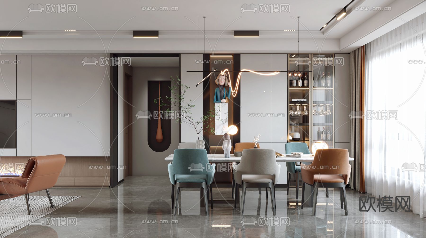 现代轻奢客厅餐厅3d模型下载（渲染图2）