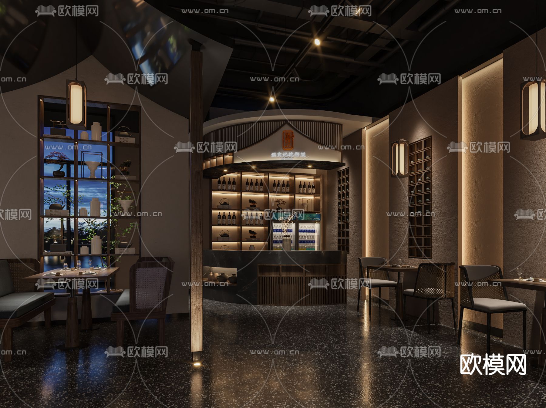 新中式中餐厅3d模型下载（渲染图1）