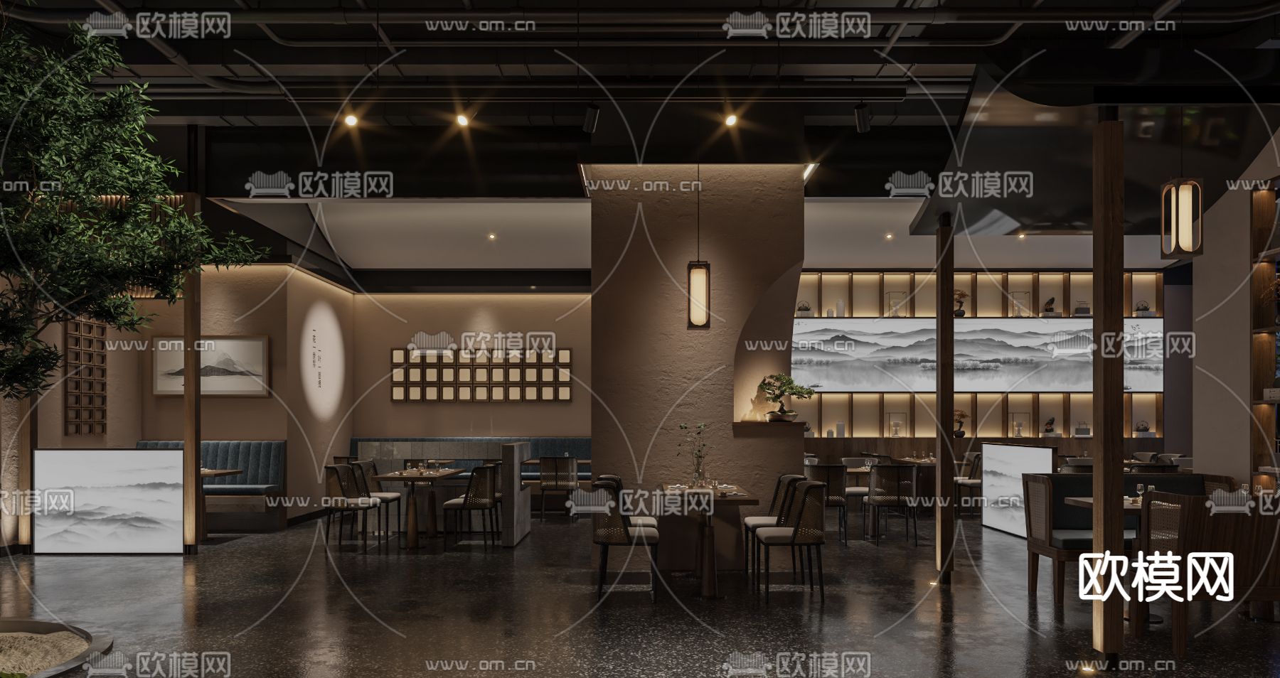 新中式中餐厅3d模型下载（渲染图3）