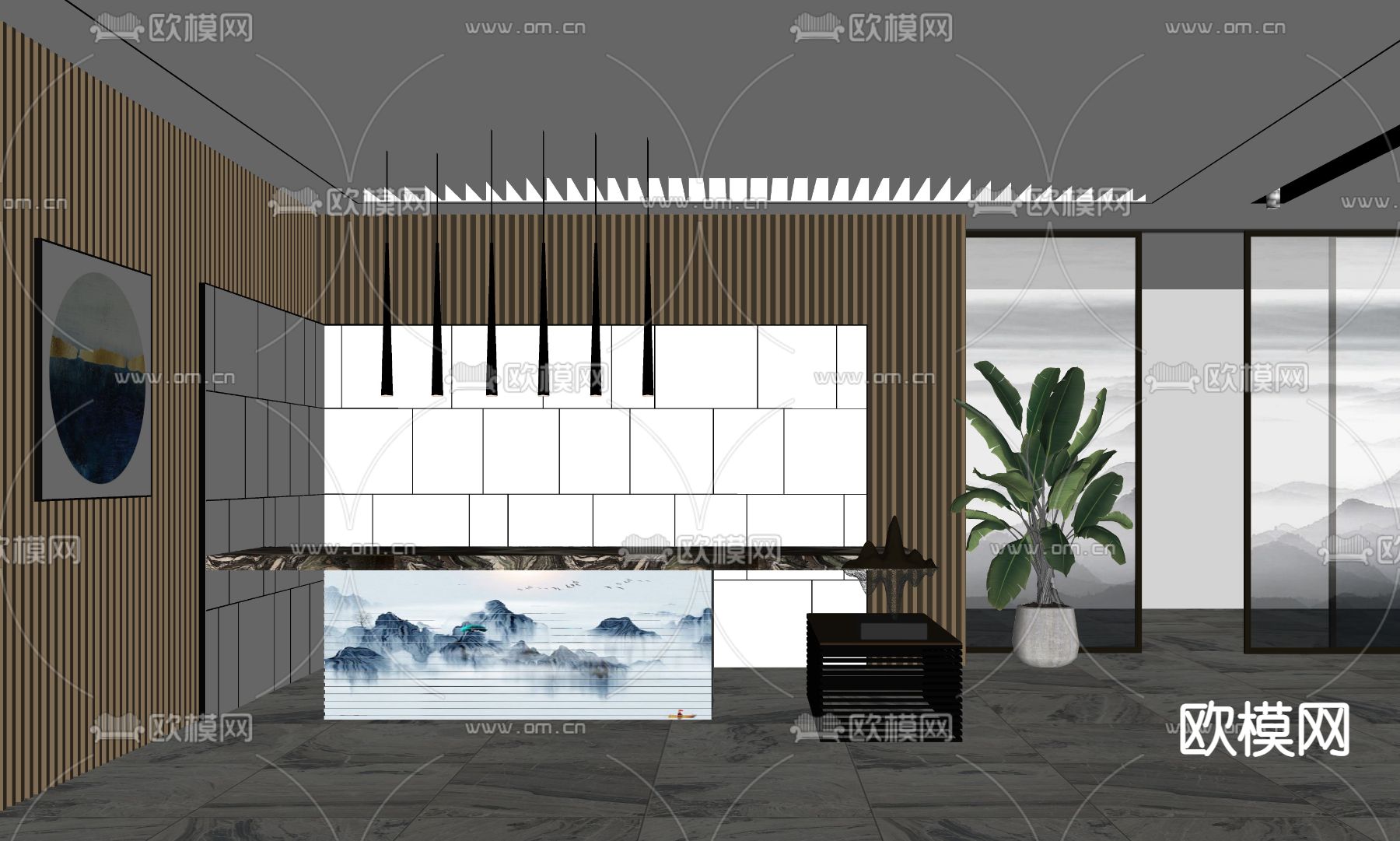 现代前台接待厅su模型下载（渲染图2）