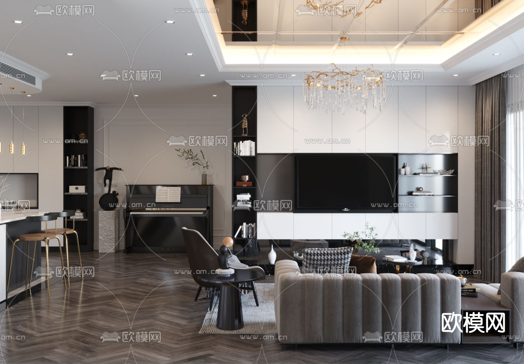 现代轻奢客厅餐厅3d模型下载（渲染图1）