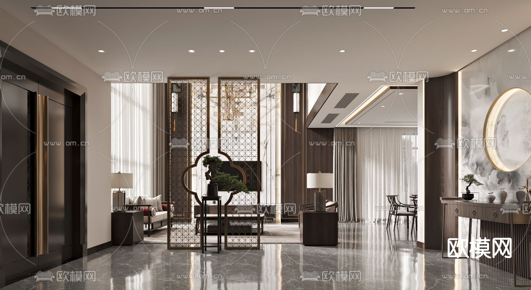 新中式挑空客餐厅3d模型下载（渲染图2）