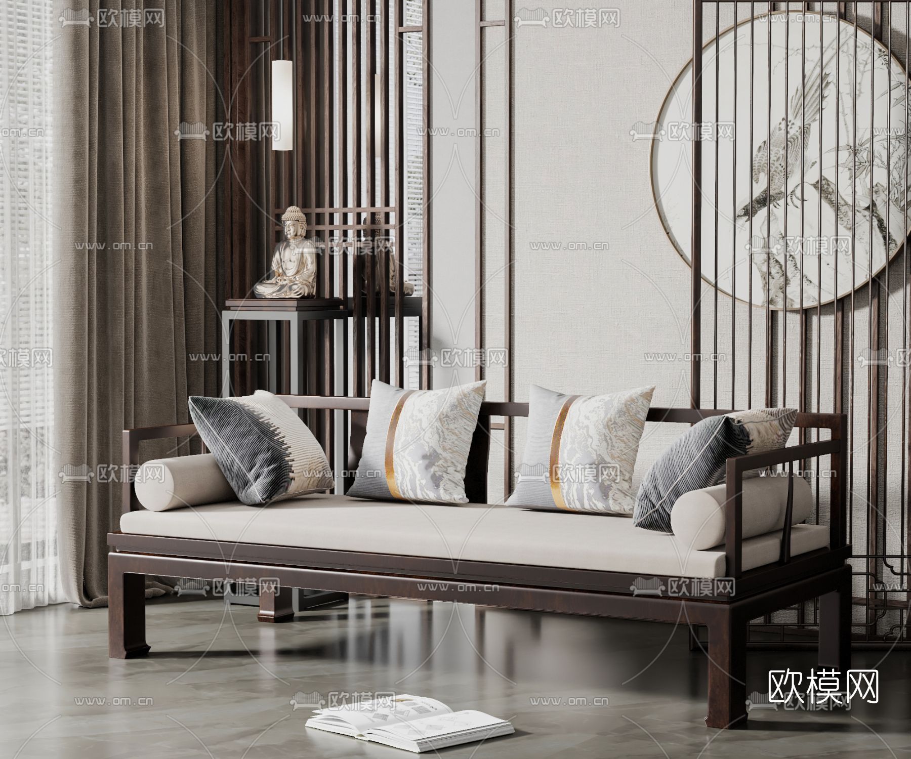 新中式实木双人沙发3d模型下载