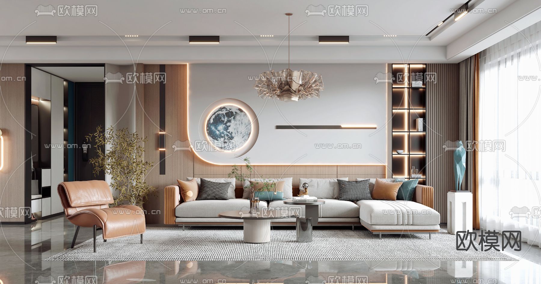 现代轻奢客厅餐厅3d模型下载（渲染图1）