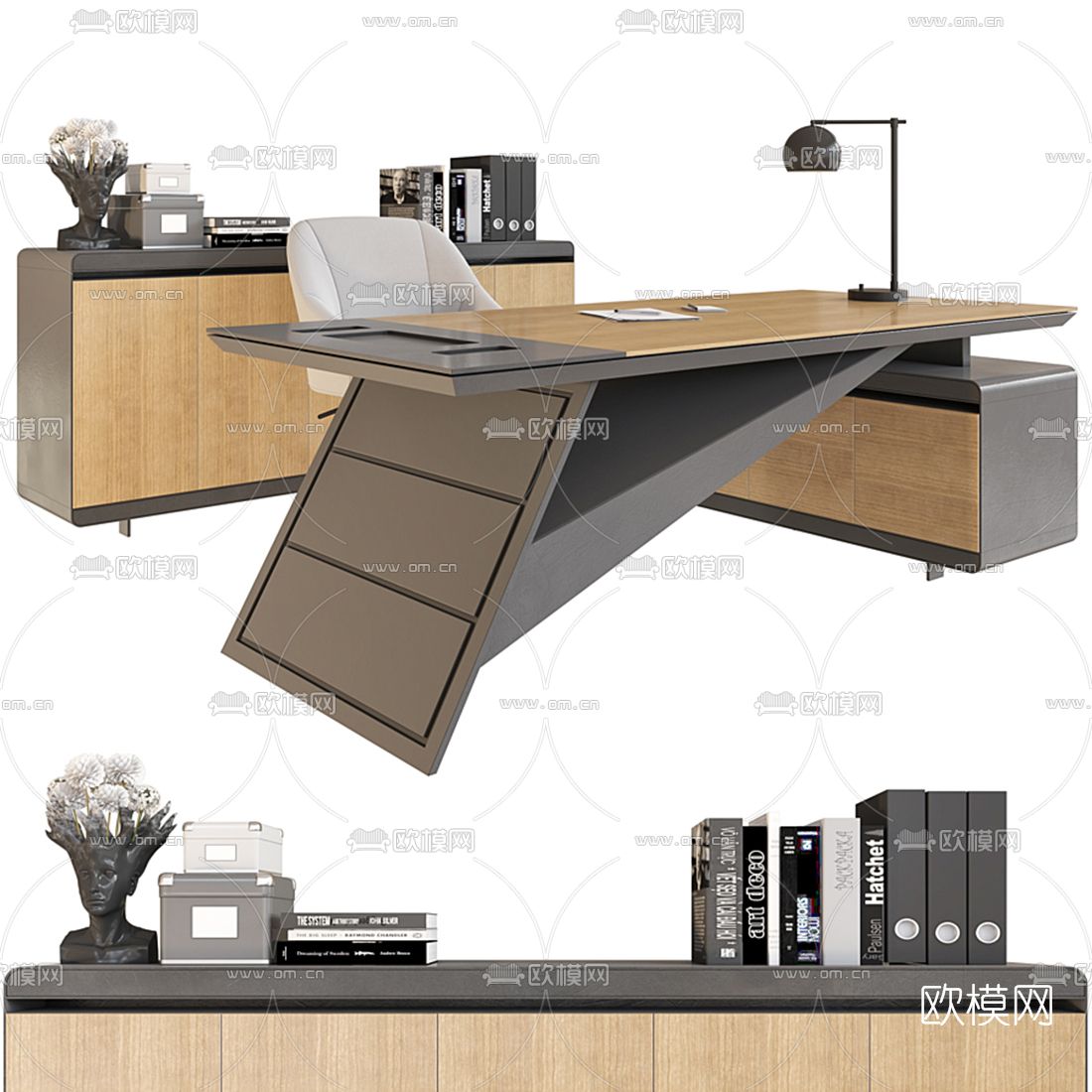 现代大班台桌椅3d模型下载（渲染图1）
