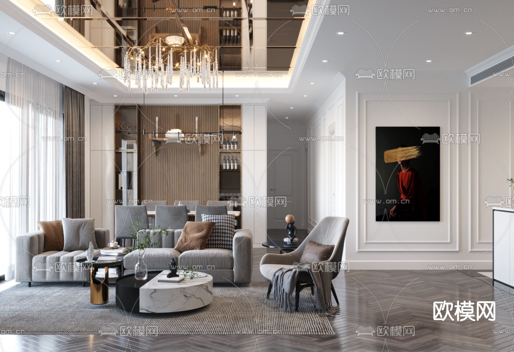 现代轻奢客厅餐厅3d模型下载（渲染图3）