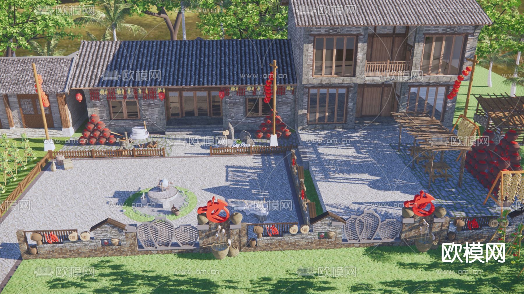 中式农家乐庭院外观su模型下载（渲染图1）