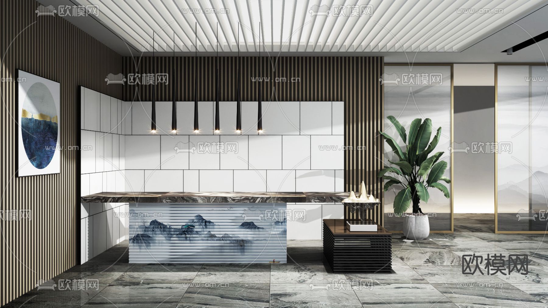 现代前台接待厅su模型下载（渲染图1）