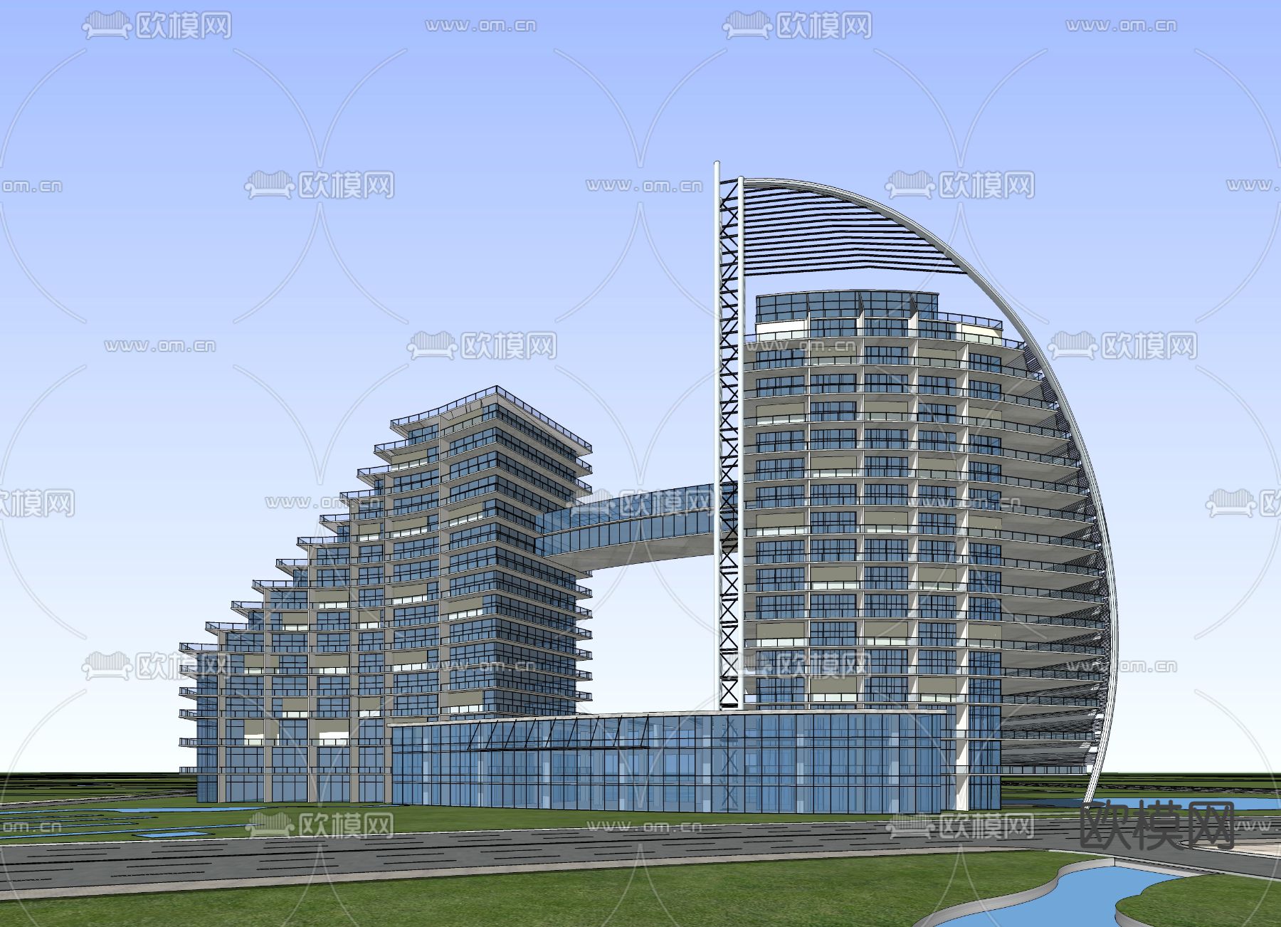 现代办公楼鸟瞰su模型下载（渲染图2）