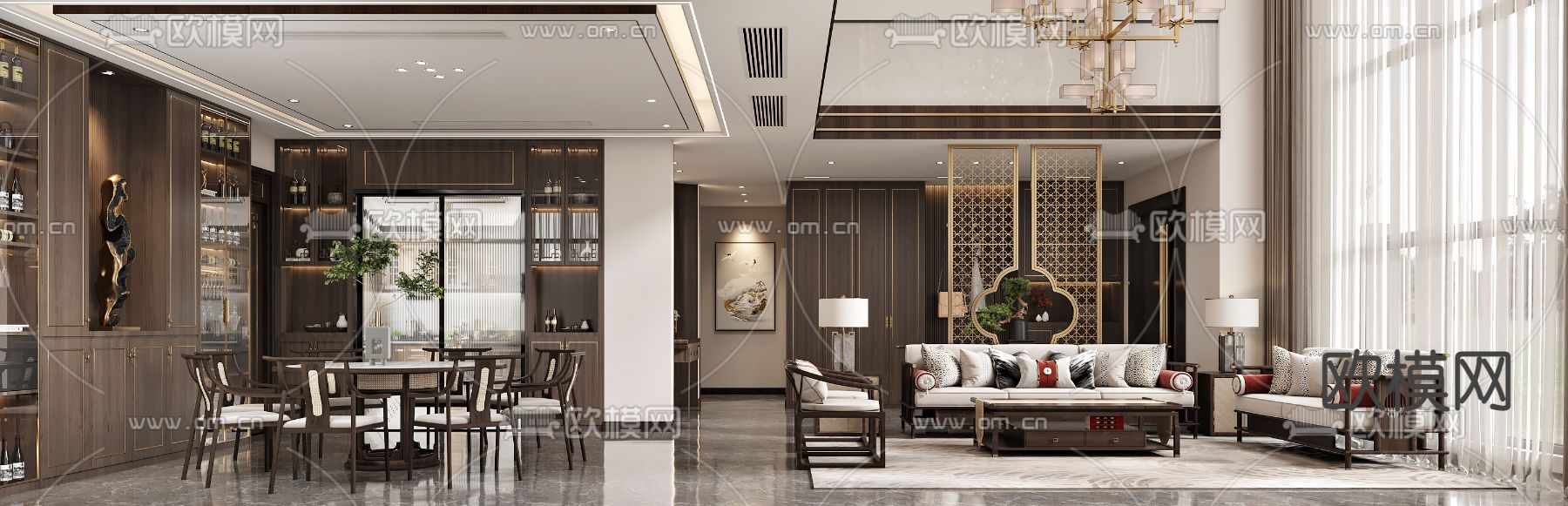 新中式挑空客餐厅3d模型下载（渲染图1）