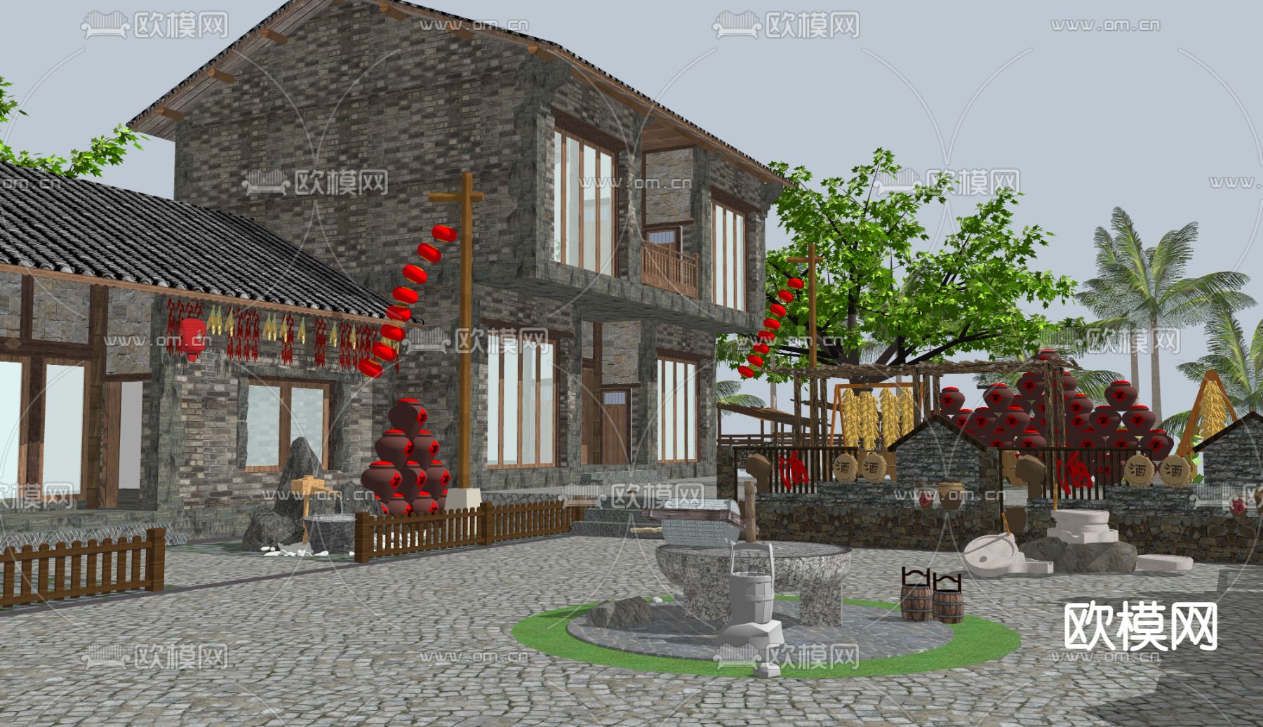 中式农家乐庭院外观su模型下载（渲染图2）