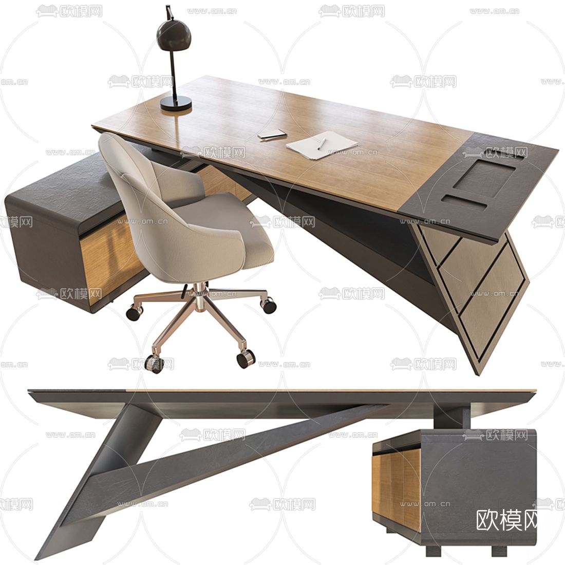 现代大班台桌椅3d模型下载（渲染图3）