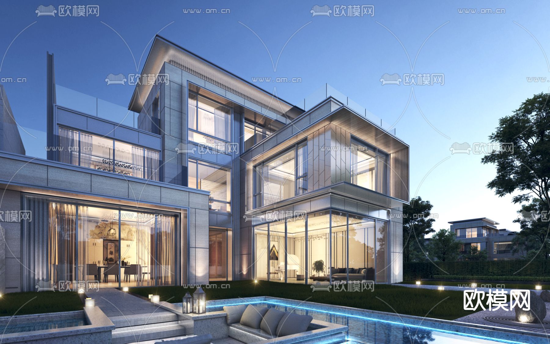 现代独栋别墅外观3d模型下载_ID11932664_3dmax免费模型-欧模网