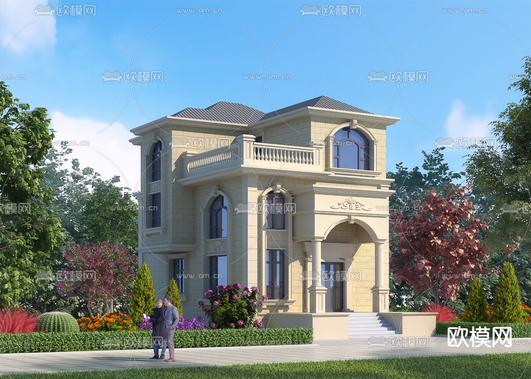 简欧独栋别墅外观3d模型下载