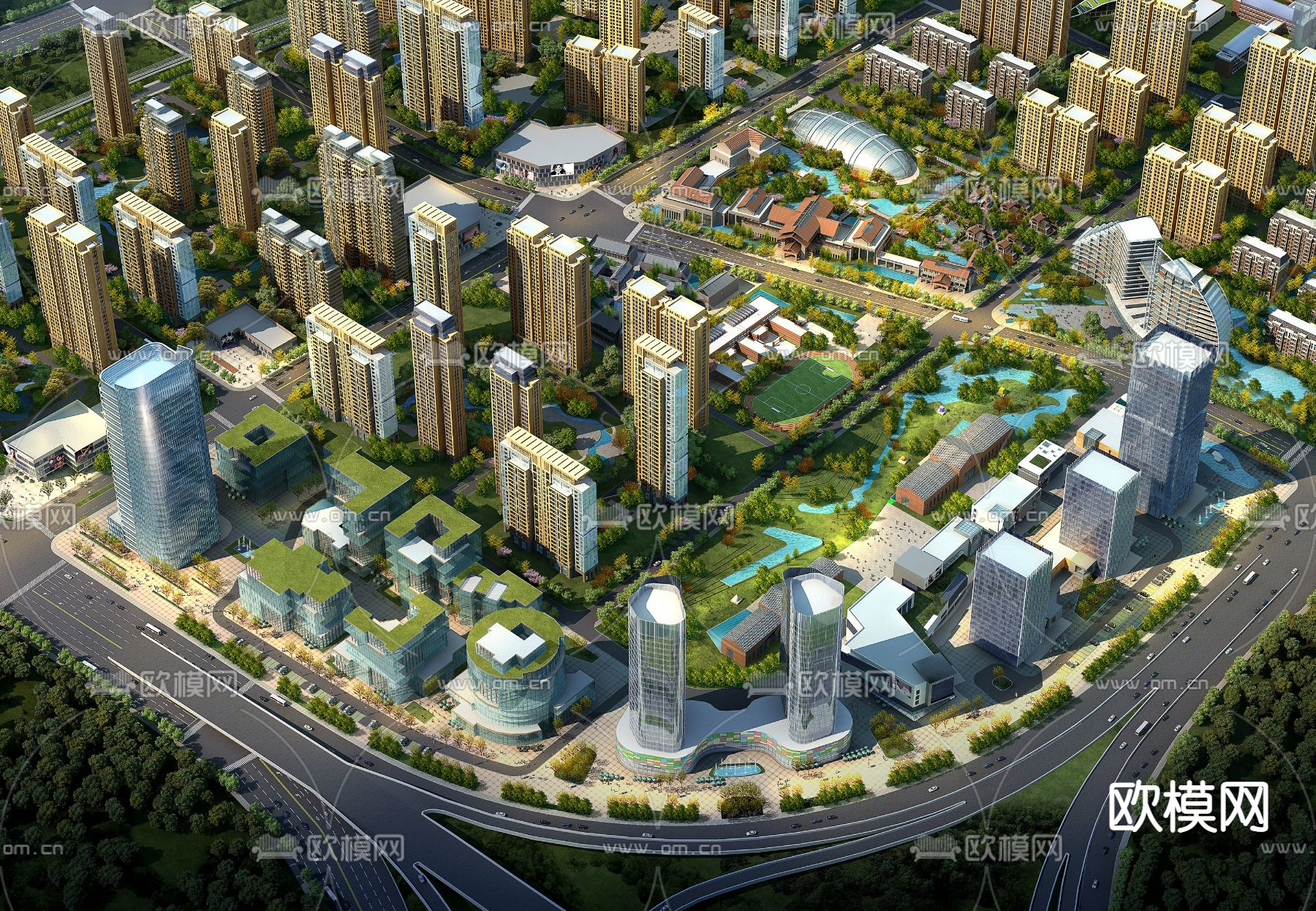 现代办公楼鸟瞰su模型下载（渲染图1）