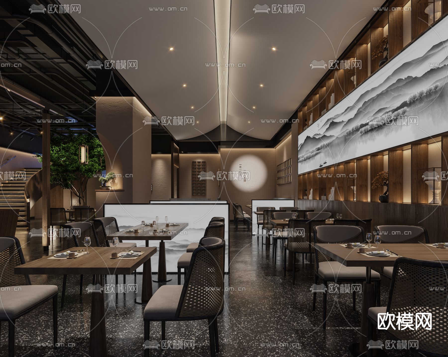 新中式中餐厅3d模型下载（渲染图2）