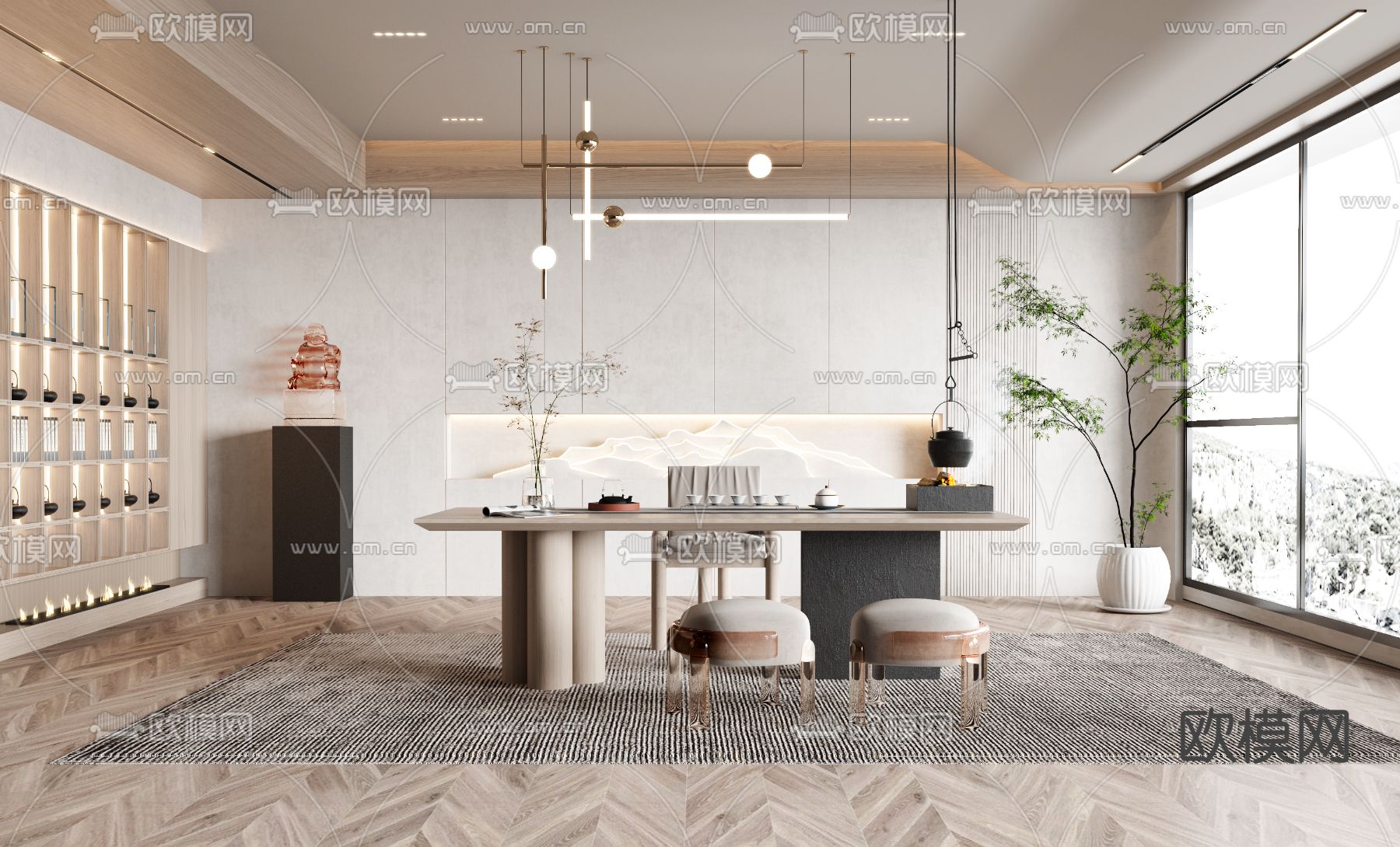 新中式轻奢茶室3d模型下载（渲染图1）