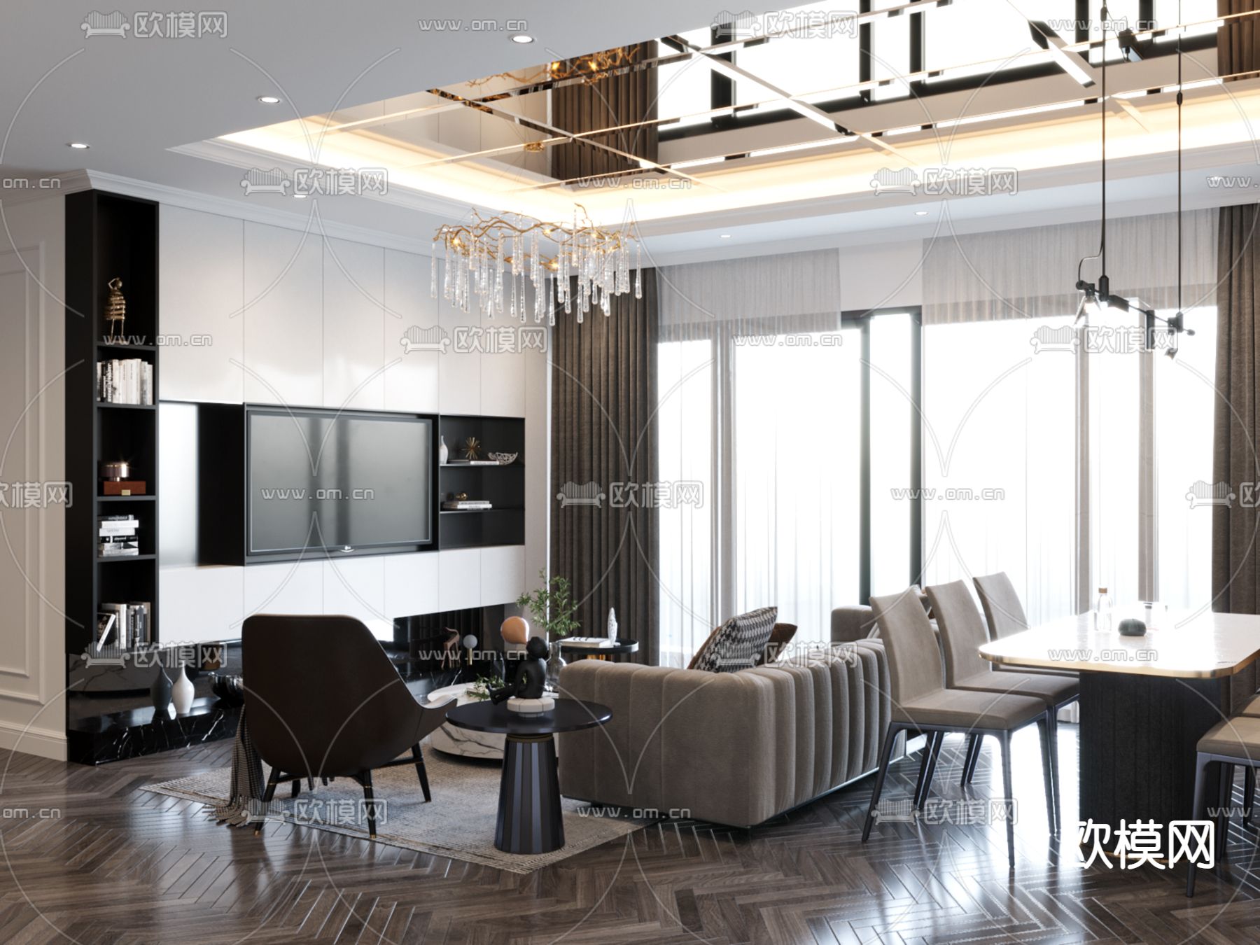 现代轻奢客厅餐厅3d模型下载（渲染图2）