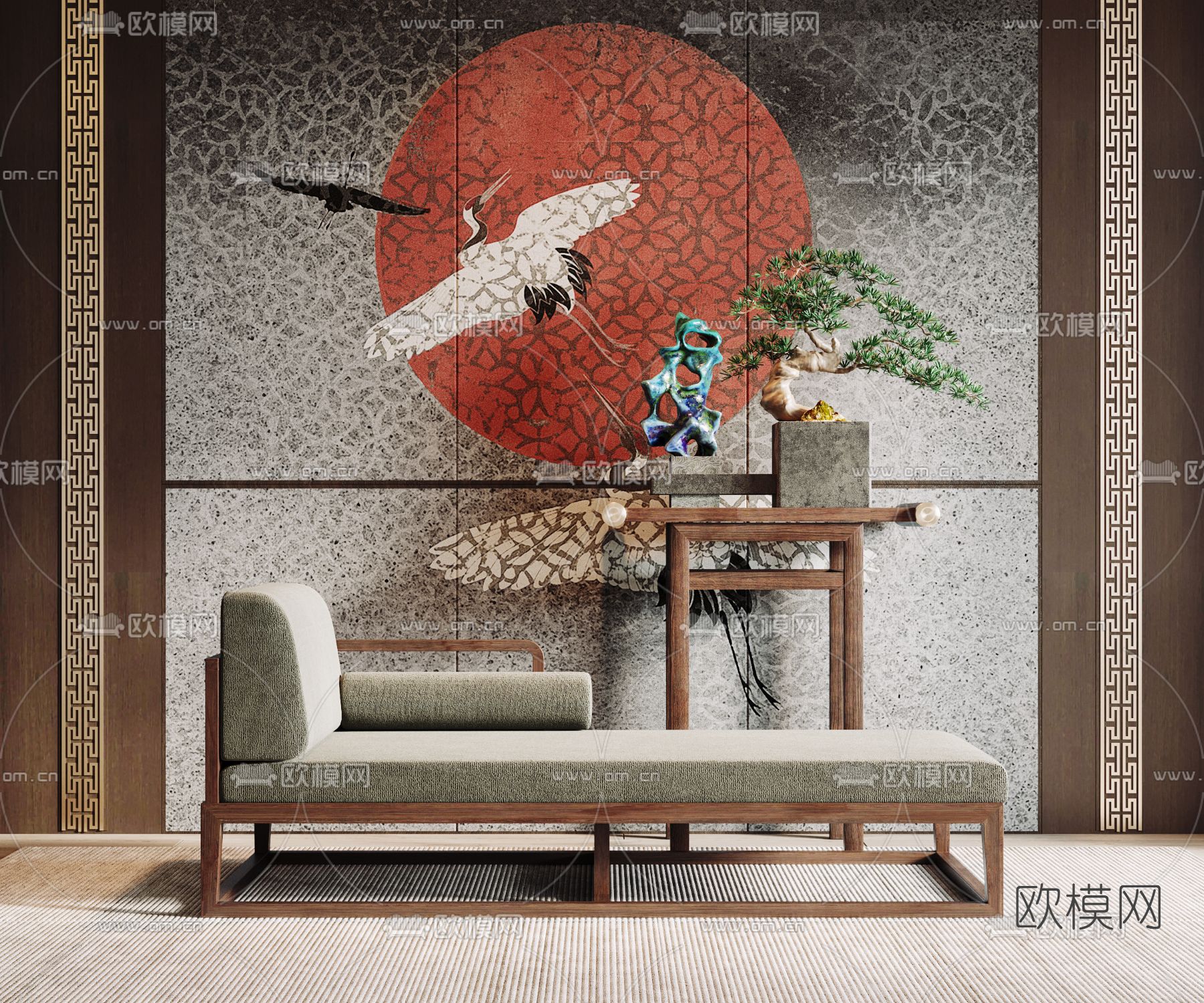 新中式实木贵妃椅3d模型下载