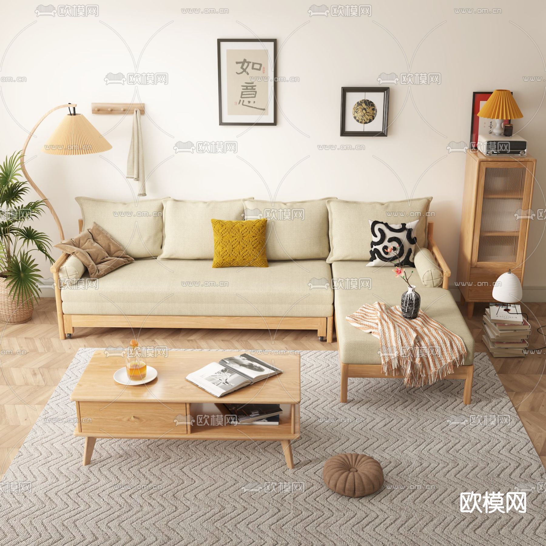 日式实木转角沙发组合3d模型下载（渲染图1）