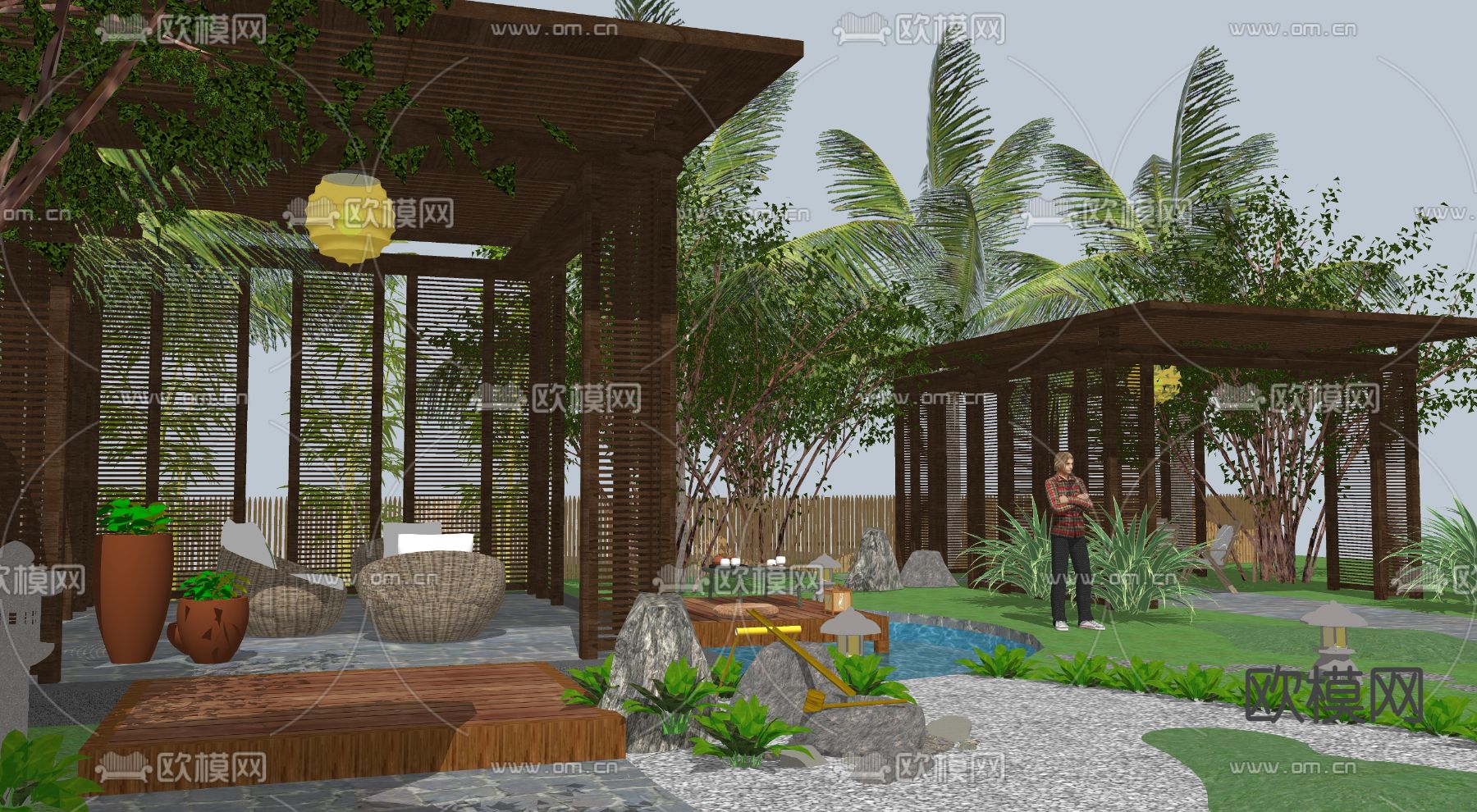 新中式禅意庭院su模型下载（渲染图2）