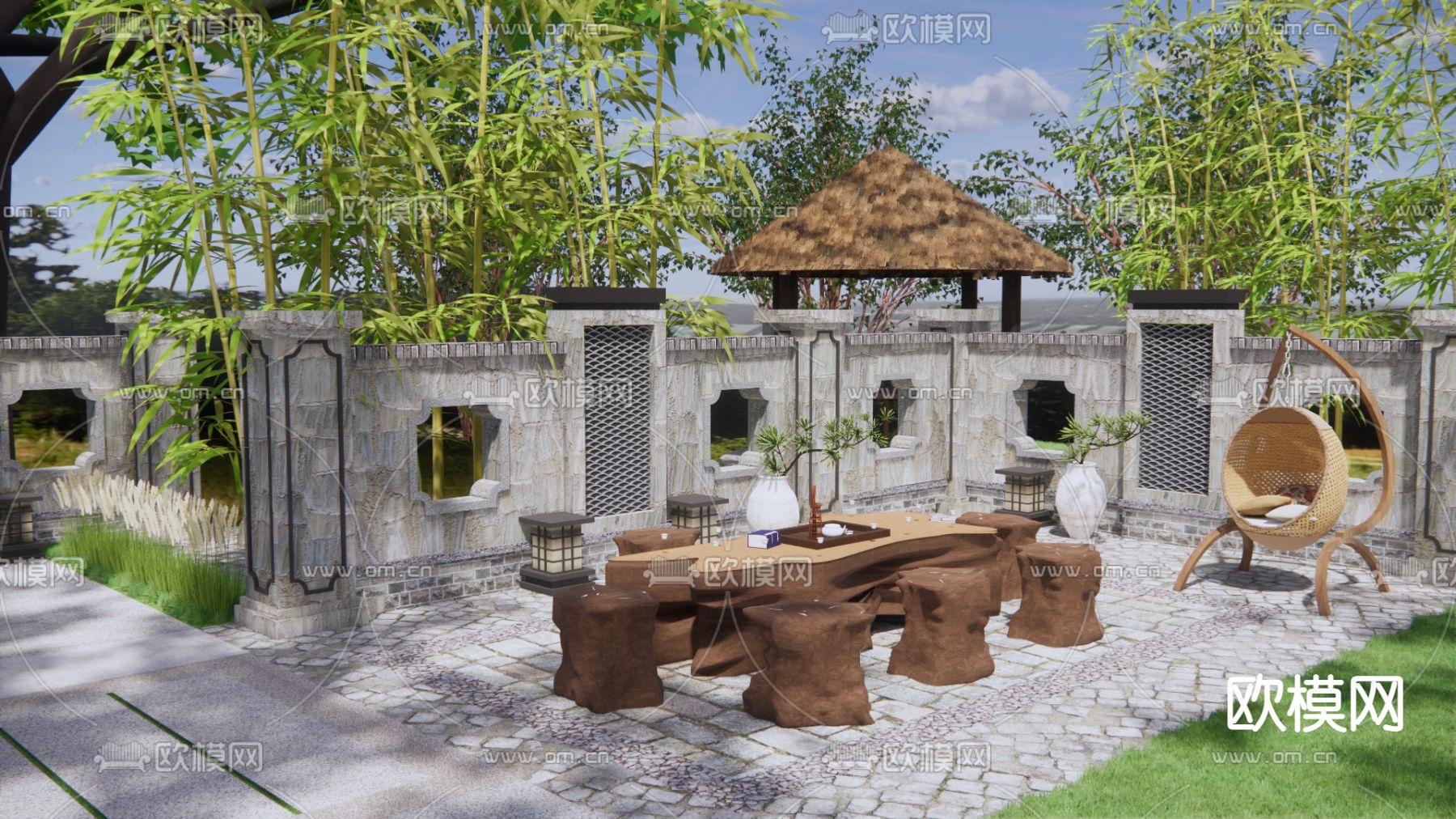 中式乡村庭院su模型下载（渲染图1）