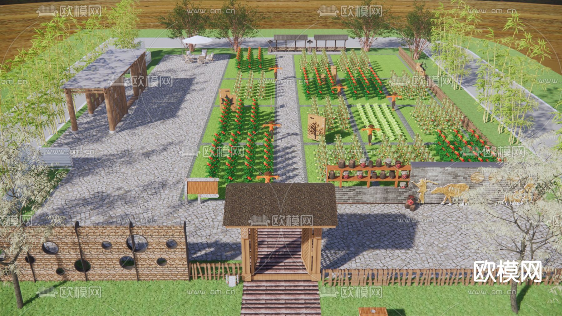 中式乡村庭院su模型下载（渲染图2）