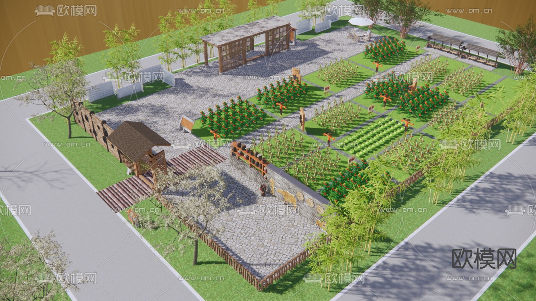 中式乡村庭院su模型下载（渲染图1）