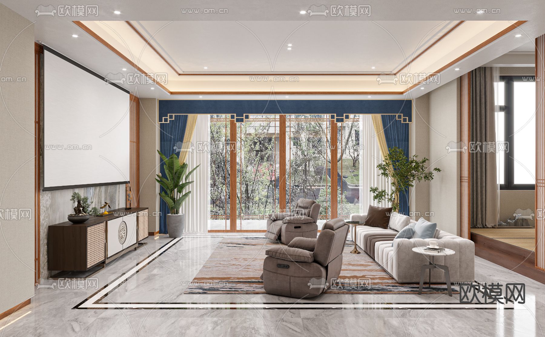 新中式客厅影音室台球室3d模型下载（渲染图1）