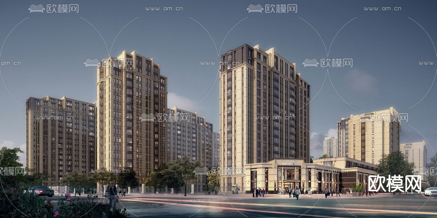 简欧住宅楼外观su模型下载（渲染图1）