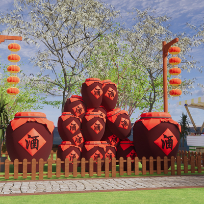 酒文化景墙 酒坛酒缸雕塑小品 驿站农家乐景观su模型