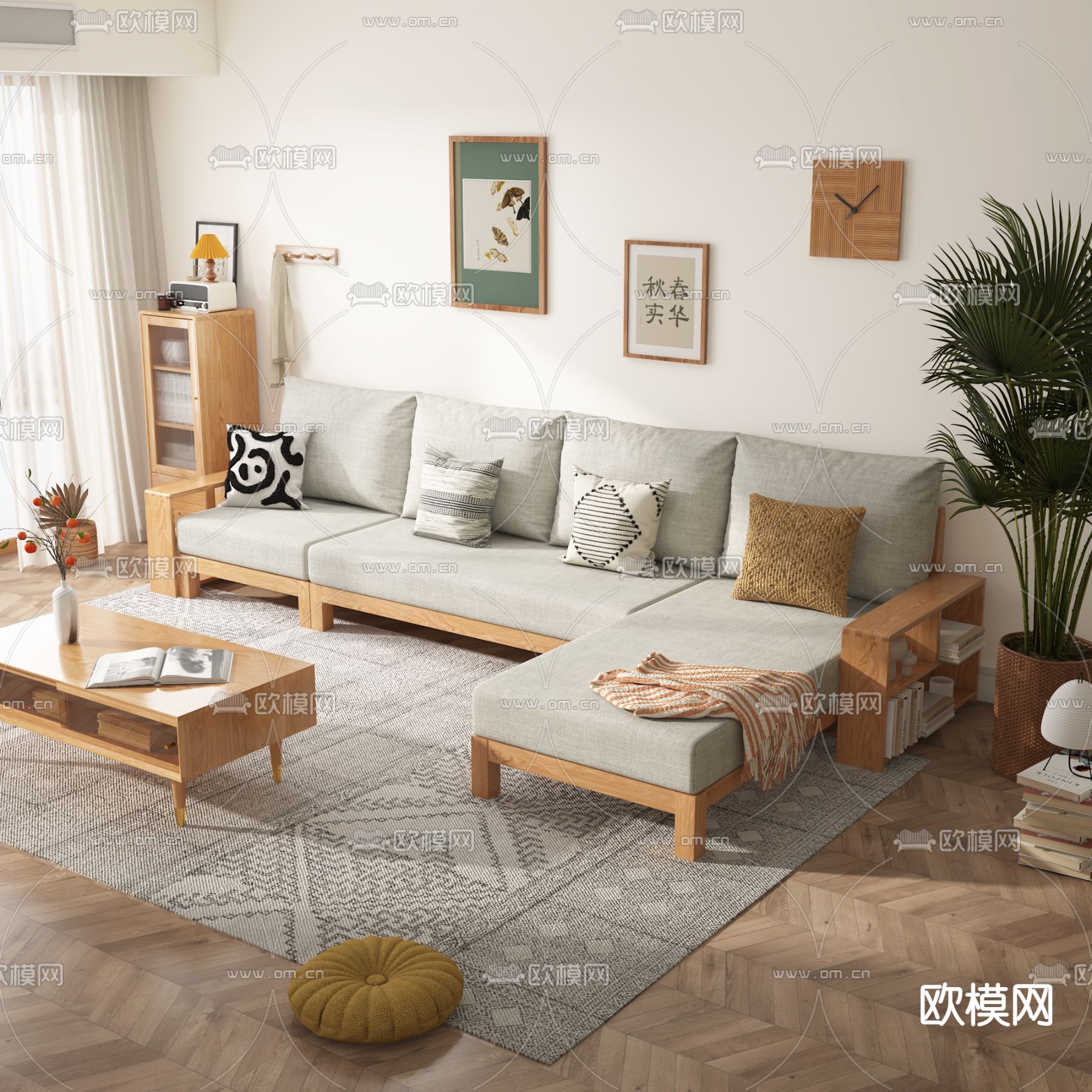 日式实木转角沙发组合3d模型下载（渲染图3）