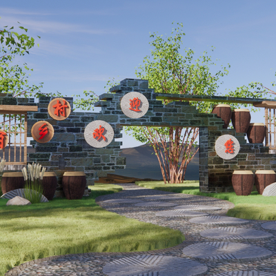 景墙围墙 农耕研学文化墙 公园形象墙su模型