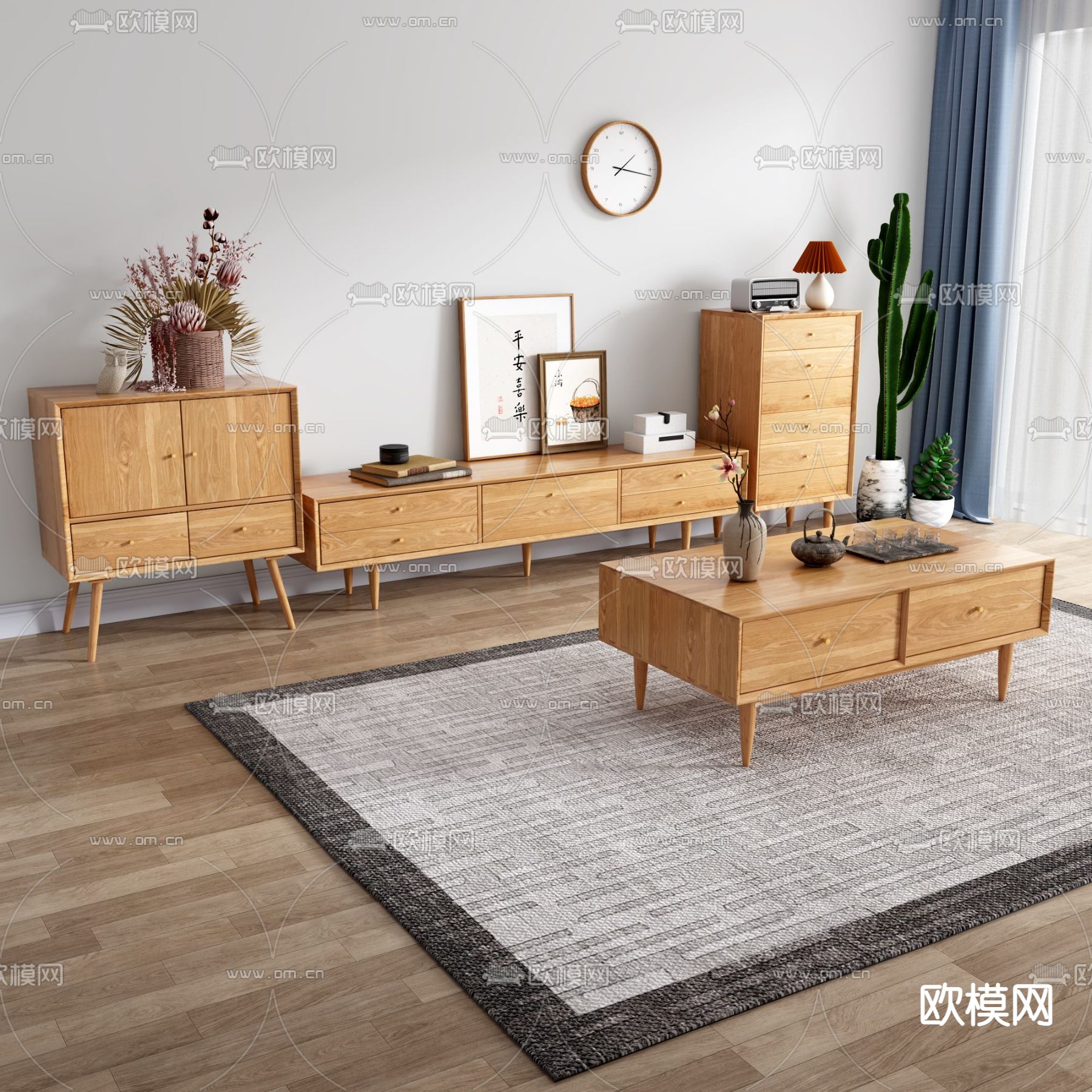 日式实木电视柜茶几3d模型下载