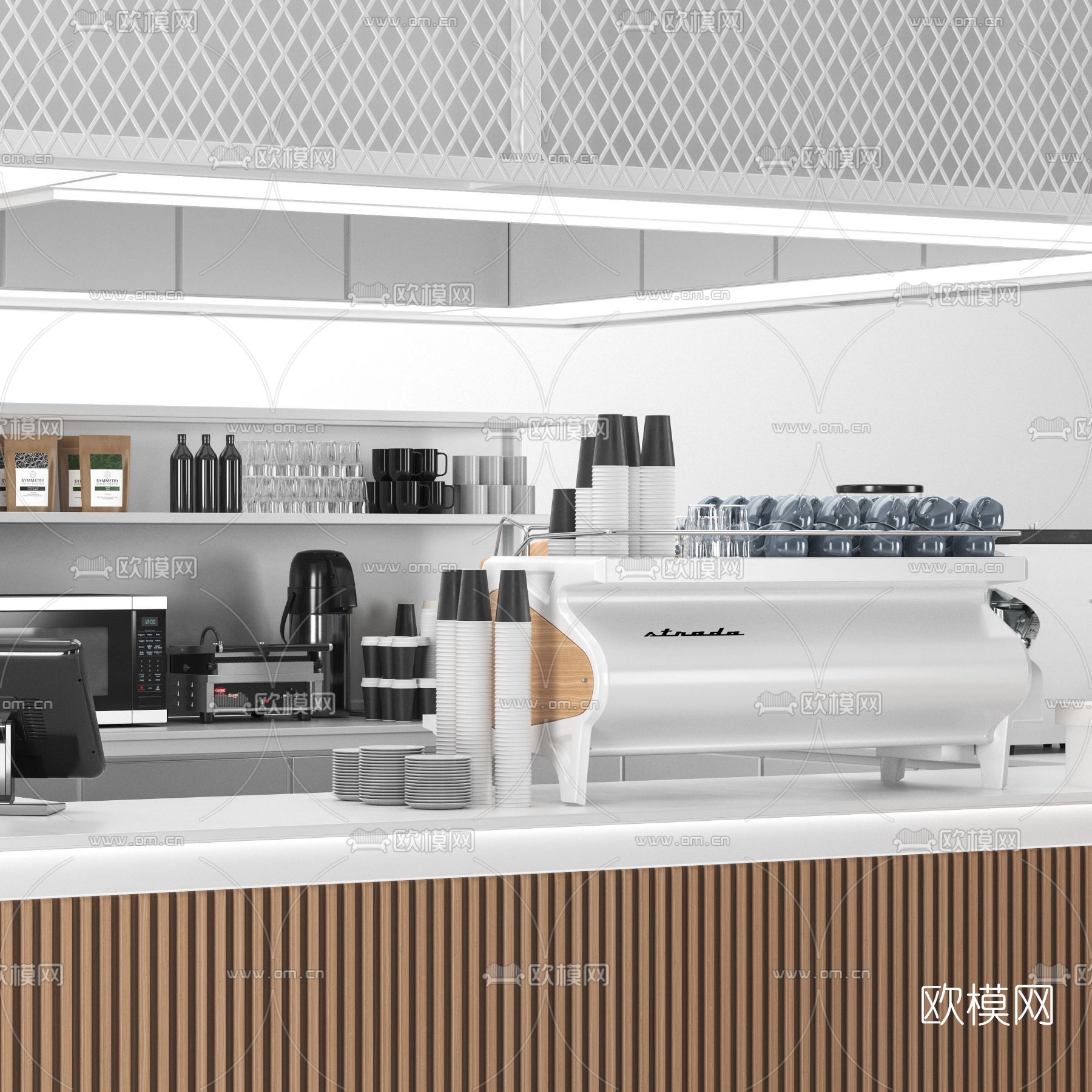 现代咖啡吧台吧台椅3d模型下载（渲染图2）