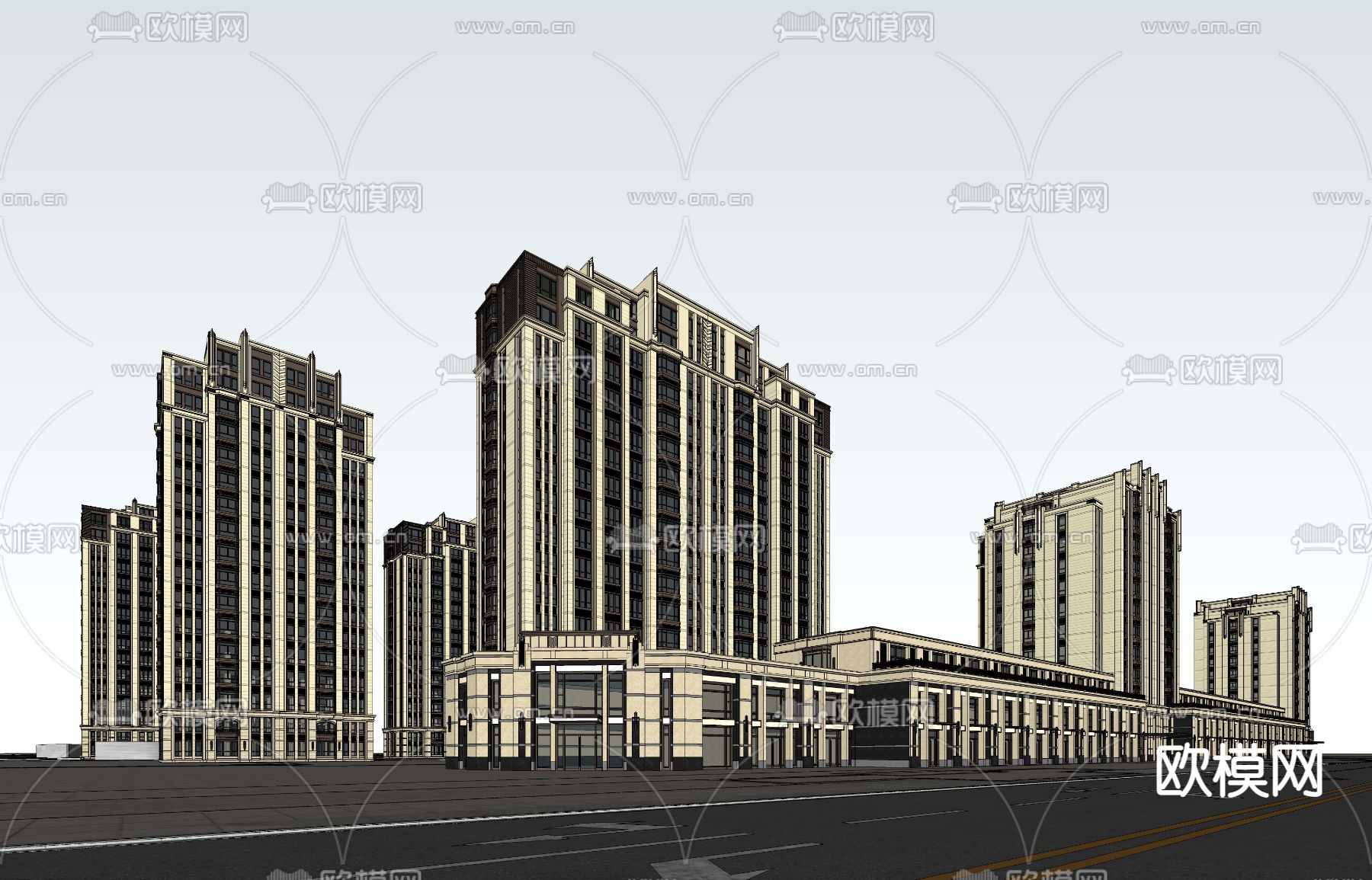 简欧住宅楼外观su模型下载（渲染图2）