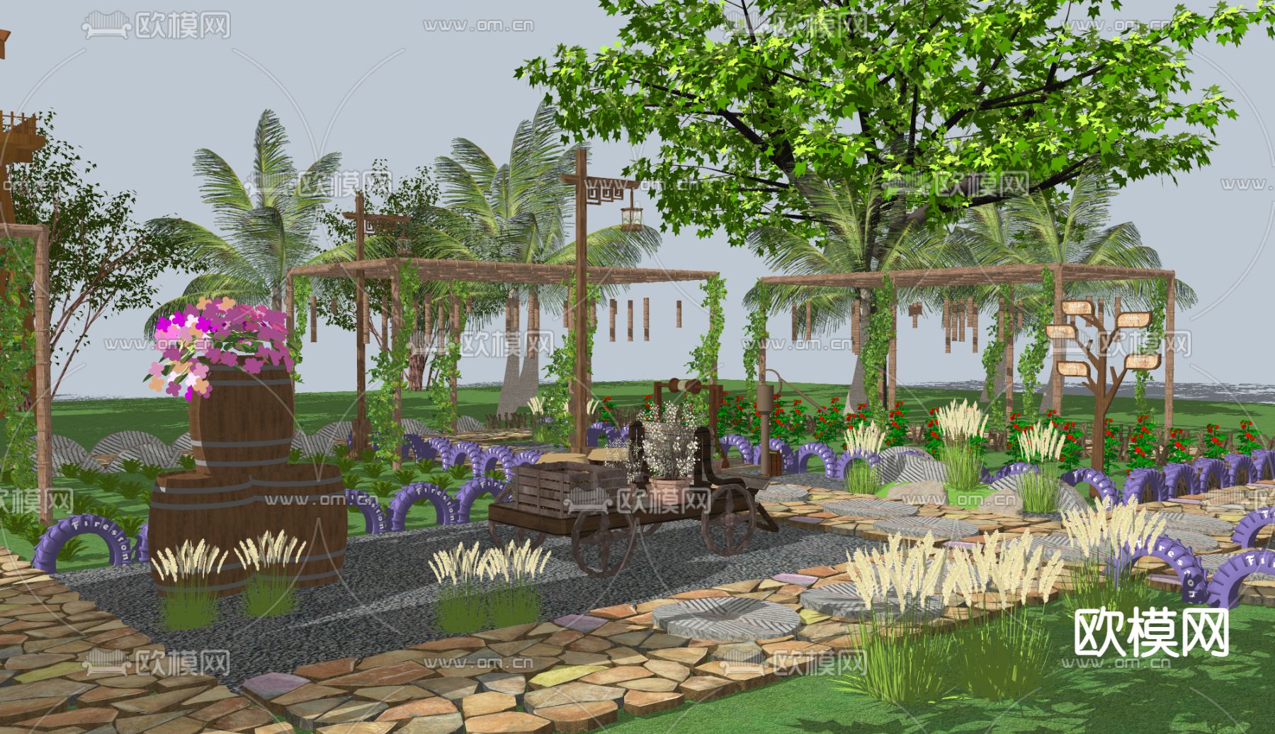 中式乡村庭院景观su模型下载（渲染图2）