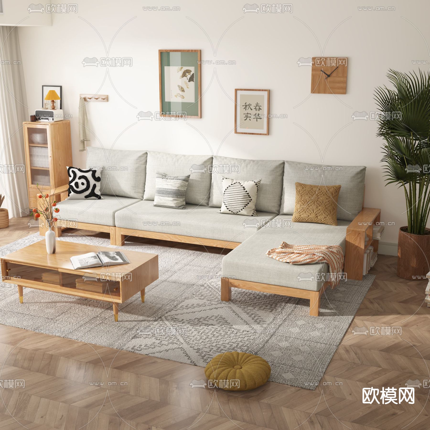 日式实木转角沙发组合3d模型下载（渲染图4）