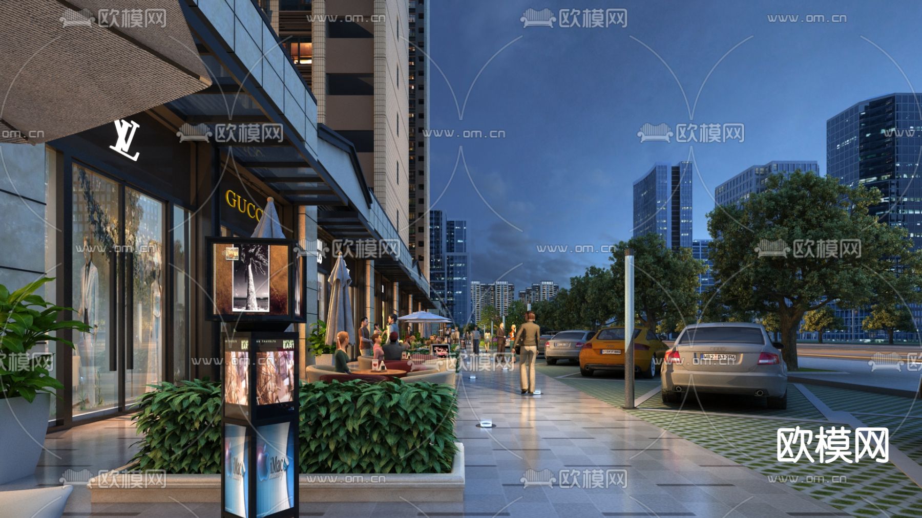 现代商业街夜景3d模型下载