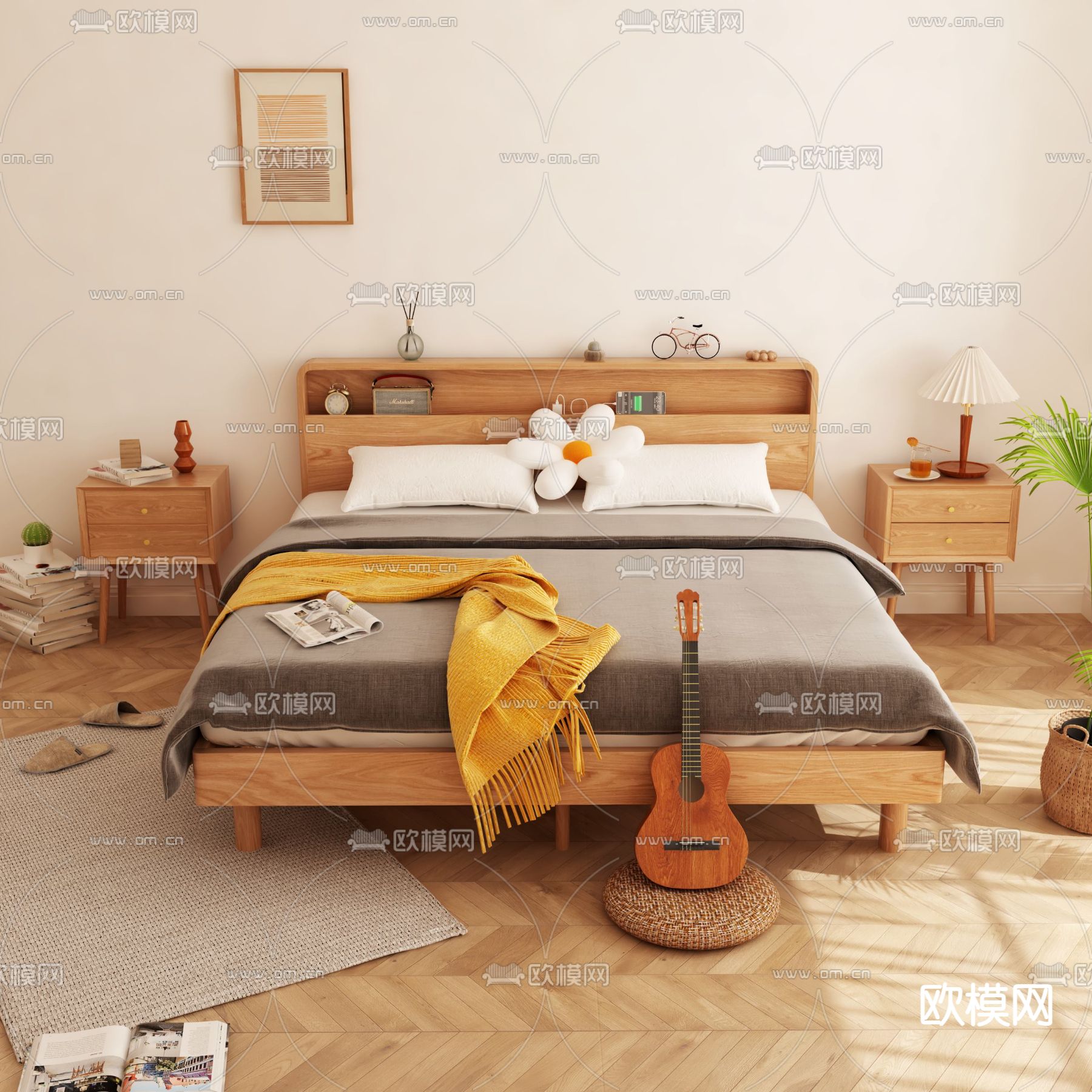 日式实木双人床3d模型下载（渲染图1）