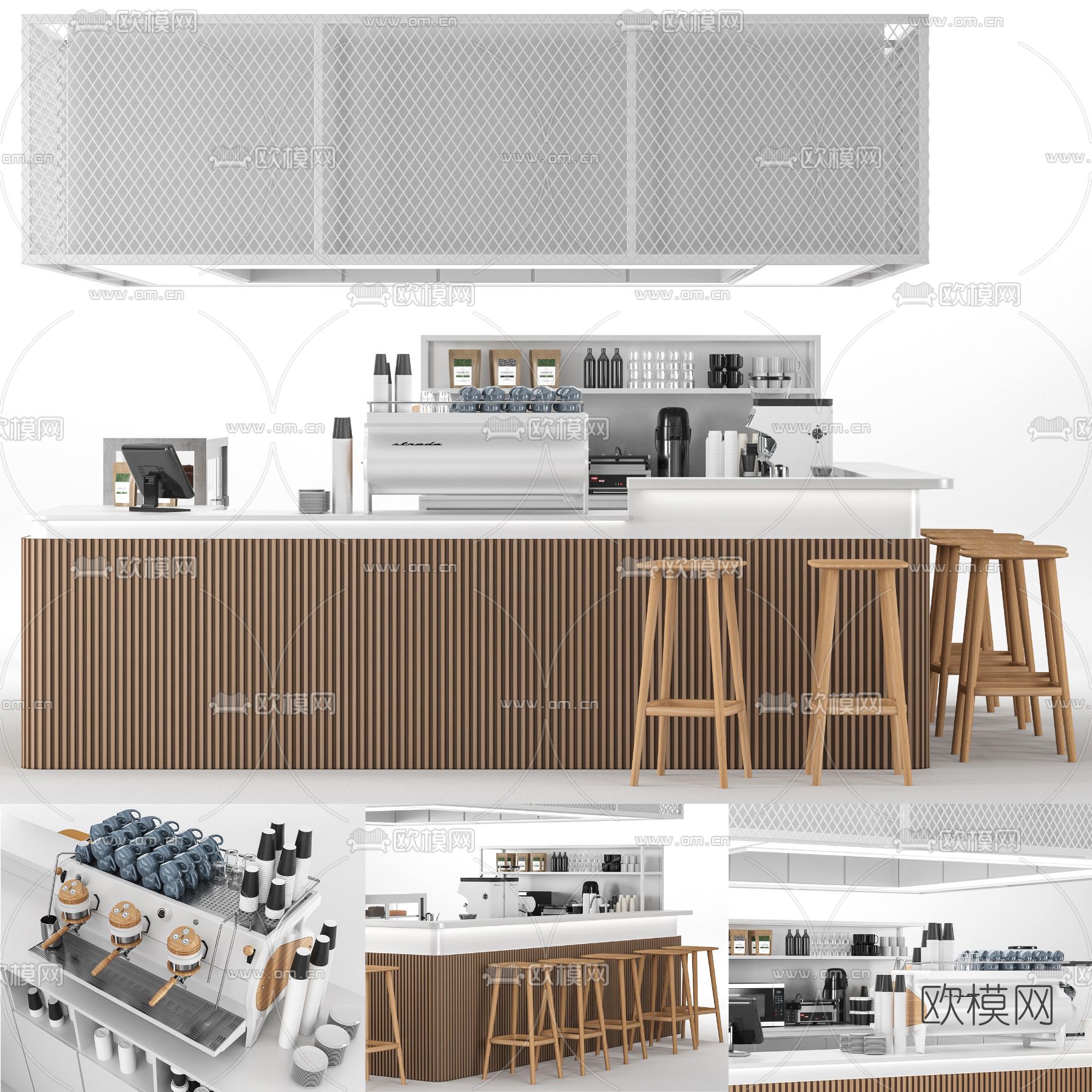 现代咖啡吧台吧台椅3d模型下载（渲染图1）