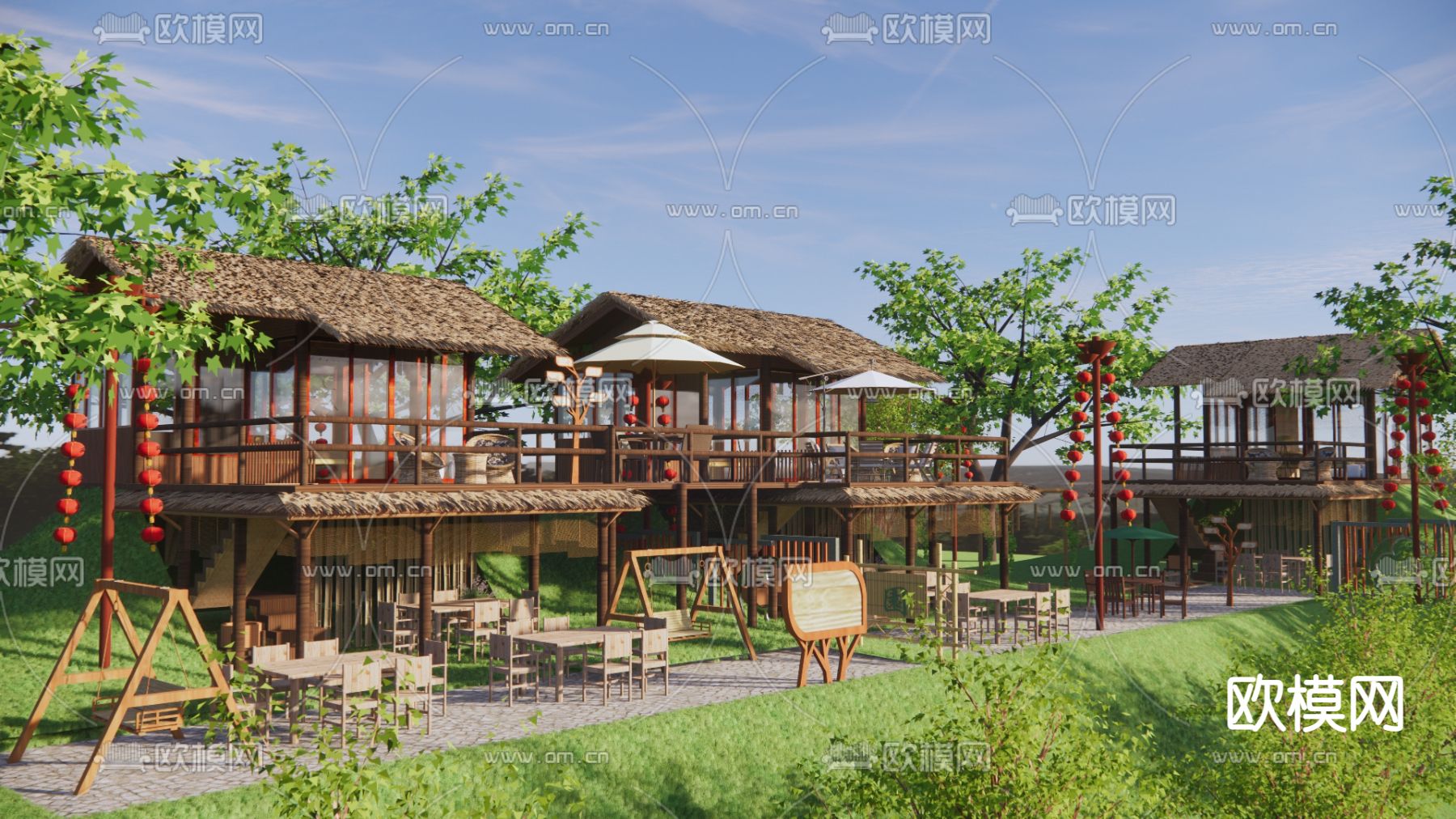 新中式庭院景观su模型下载（渲染图1）