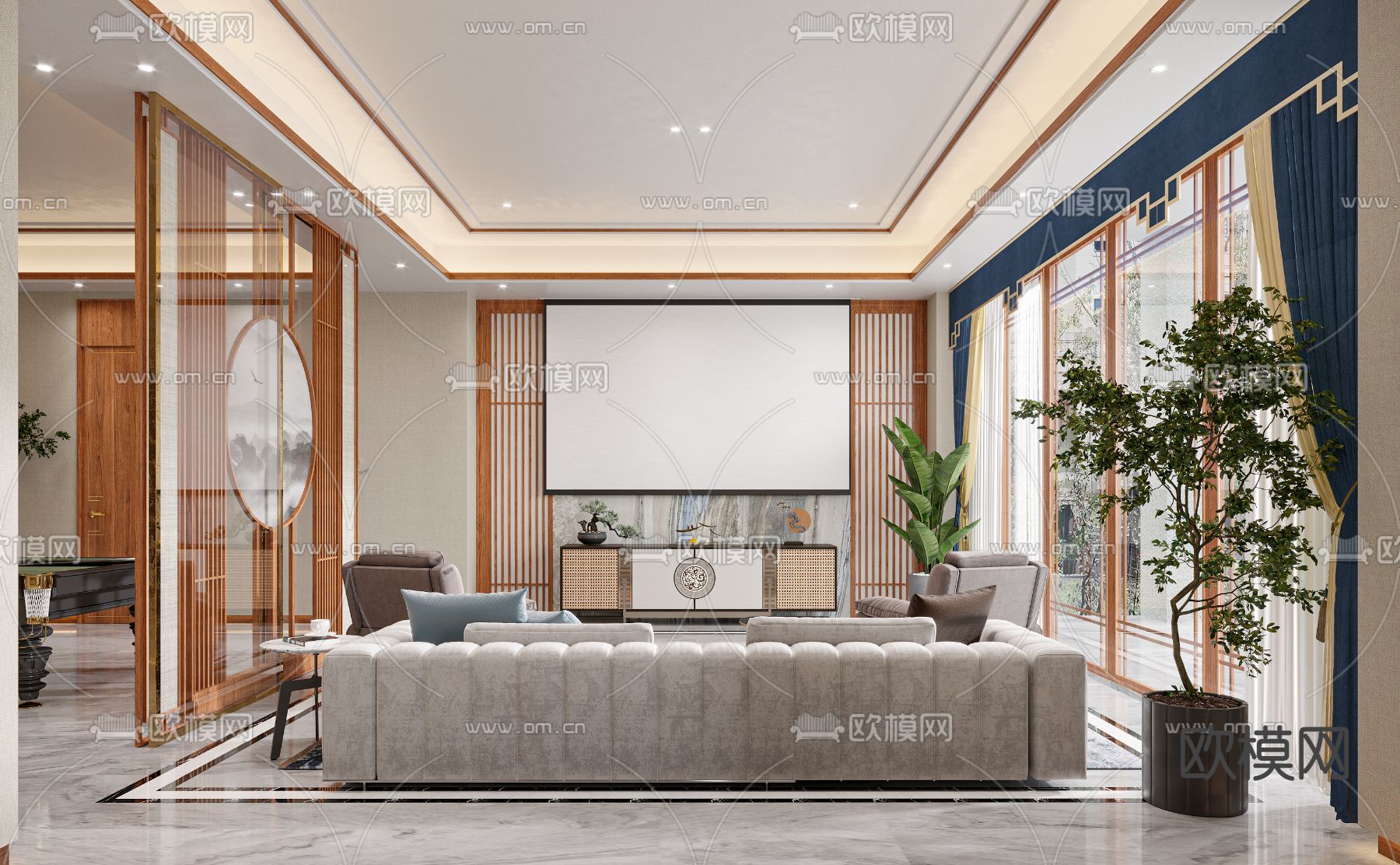 新中式客厅影音室台球室3d模型下载（渲染图2）