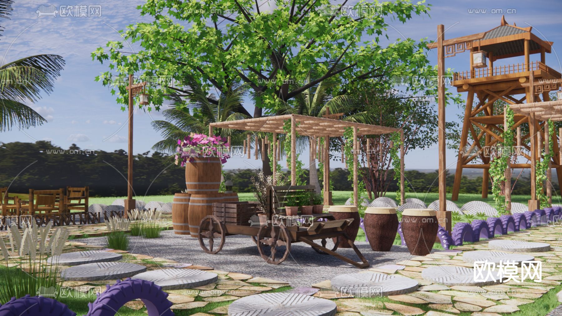 中式乡村庭院景观su模型下载（渲染图1）