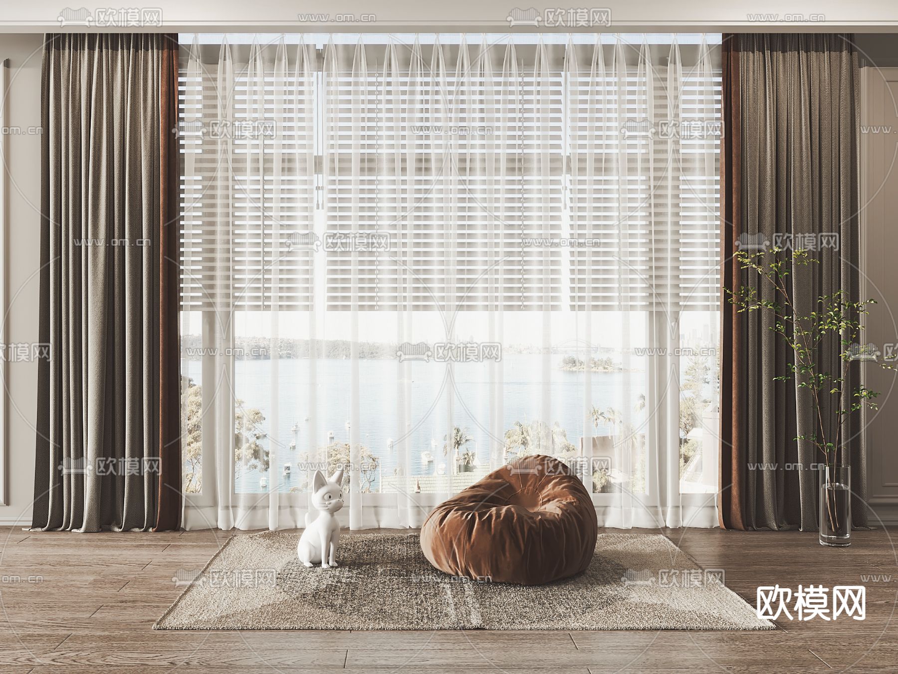 现代布艺窗帘纱帘3d模型下载