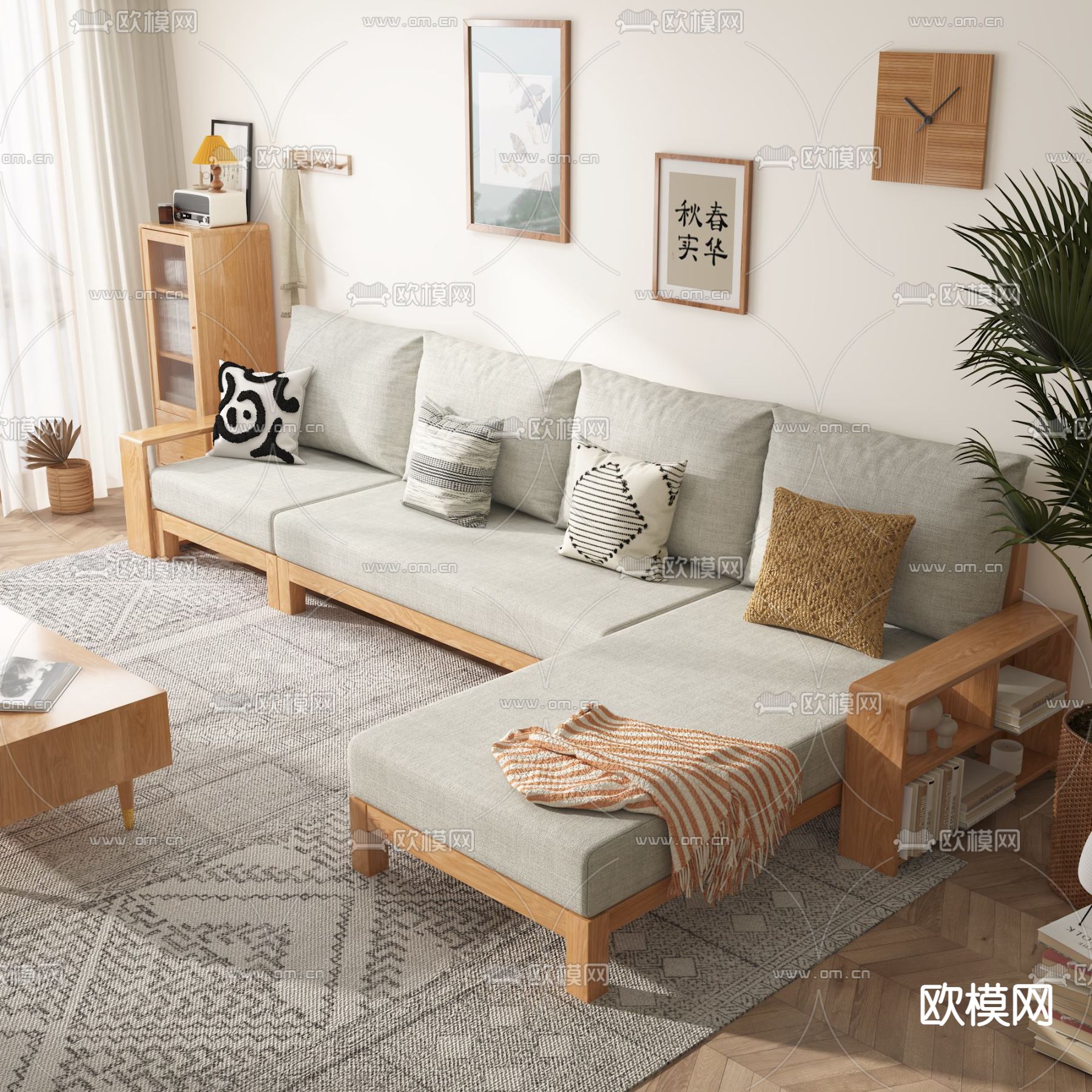 日式实木转角沙发组合3d模型下载（渲染图2）